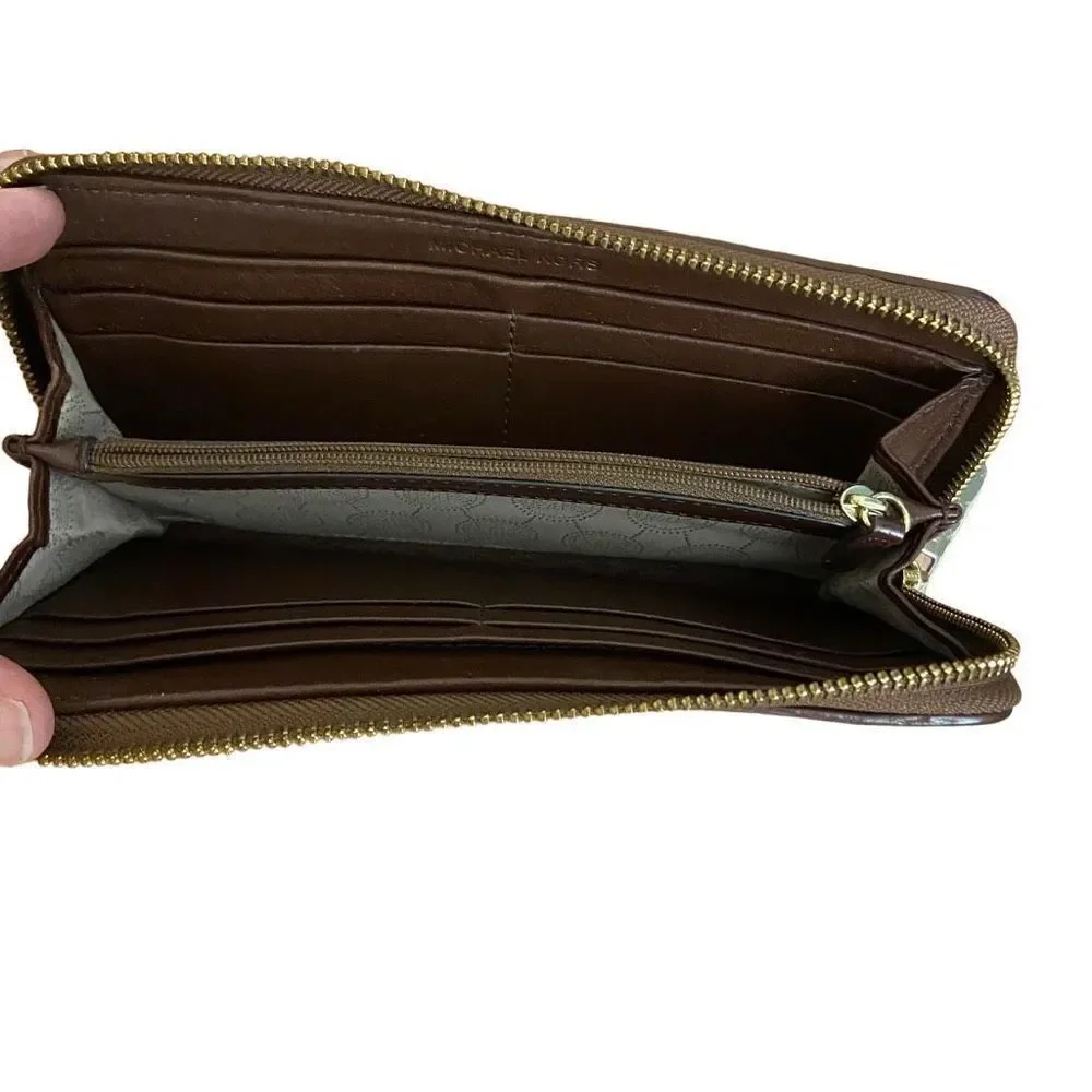 Michael Kors Jet Set Continental Logo Wallet Zip Around Beige Ebony Mocha
